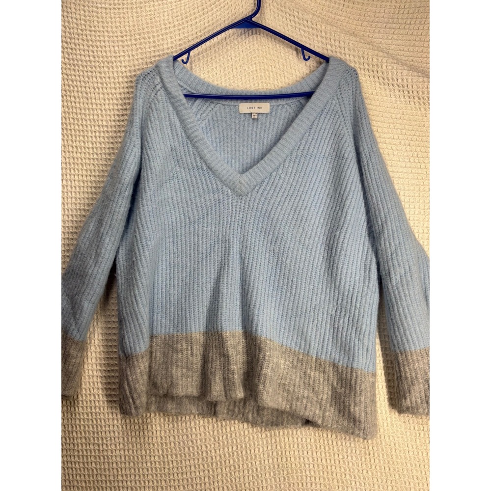 Cozy Womens Lost Ink V-Neck Ribbed Colorblock Sweater 4 Blue Grey
